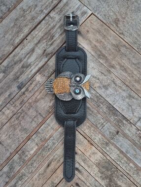 Handcrafted Black Leather Bracelet with Gold Owl Accent